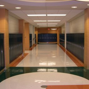 blue corridor and green athletic lockers