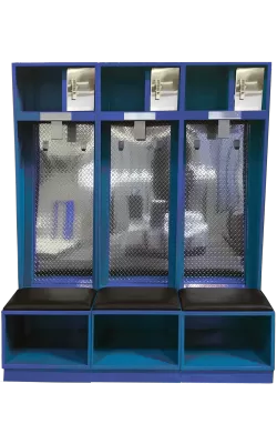 Three blue Slant Side open-front team lockers with padded seats and diamond-plate backs