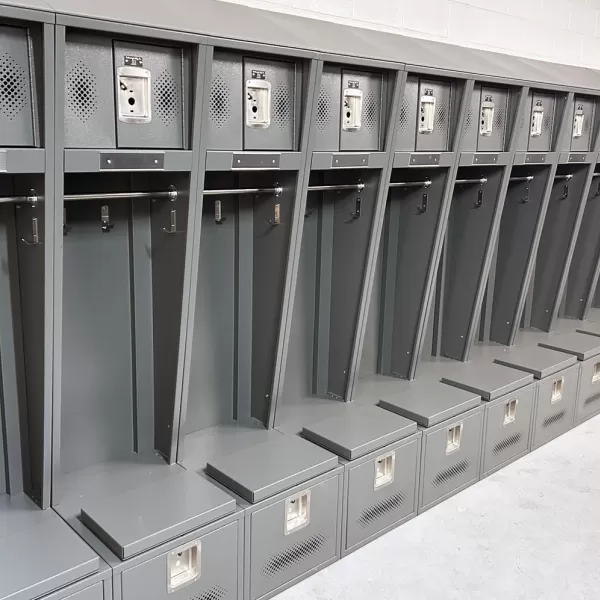 Gray Flex Elite team lockers with lockable upper compartments and lower drawers