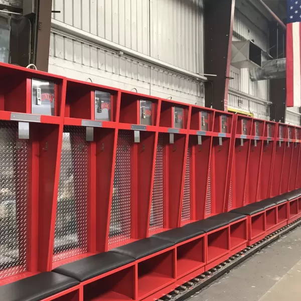 Red Flex Elite team lockers installed in an athletic facility
