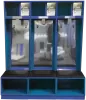 Three blue Flex Elite open-front team lockers with padded seats and diamond-plate backs