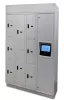 Front view of an industrial-grade LokrIQ smart locker showing the central touchscreen, RFID reader, and all-welded steel compartments.
