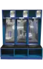 Three blue Slant Side open-front team lockers with padded seats and diamond-plate backs